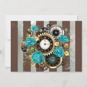 Carte Steampunk Clock and Turquoise Roses on Striped