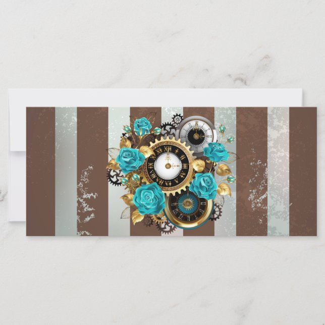 Carte Steampunk Clock and Turquoise Roses on Striped (Devant)