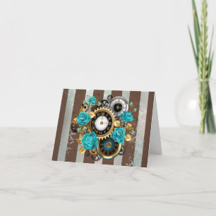 Carte Steampunk Clock and Turquoise Roses on Striped