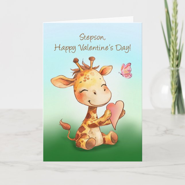 Carte Stepson Valentine Cute Happy Giraffe avec coeur (Devant)