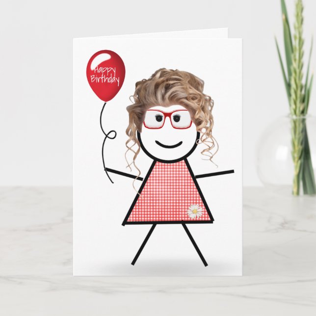 Carte Stick Anniversaire En vichy fille avec ballons rou (Devant)