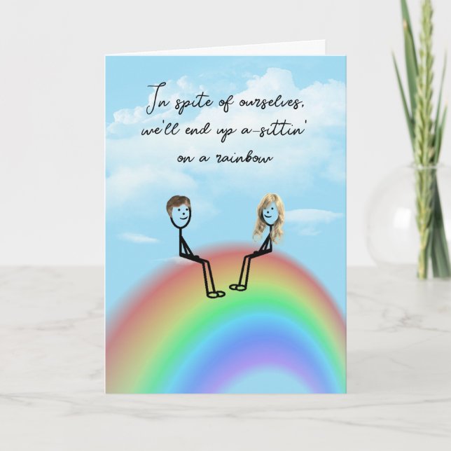 Carte Stick Anniversaire Figure Couple sur un arc-en-cie (Devant)
