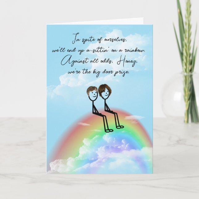 Carte Stick Anniversaire Figure Couple sur un arc-en-cie (Devant)