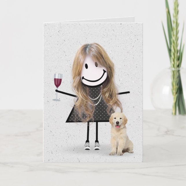 Carte Stick Figure Anniversaire fille avec Golden Retrie (Devant)