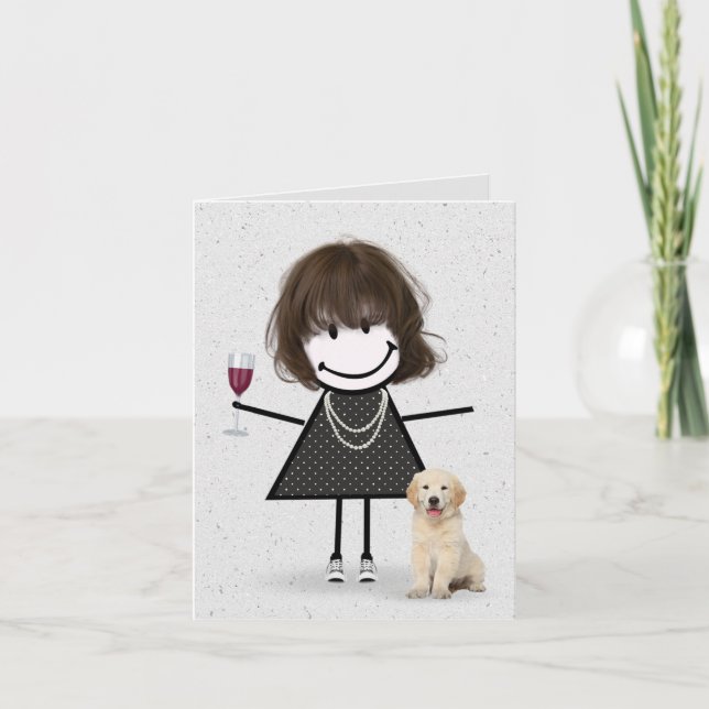 Carte Stick Figure Anniversaire fille avec Golden Retrie (Devant)