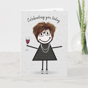 Carte Stick Figure Anniversaire fille avec verre à vin