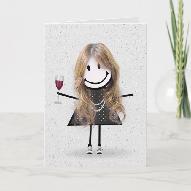 Carte Stick Figure Anniversaire fille avec vin (Devant)