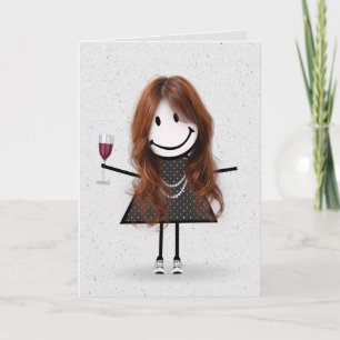 Carte Stick Figure Anniversaire fille avec vin
