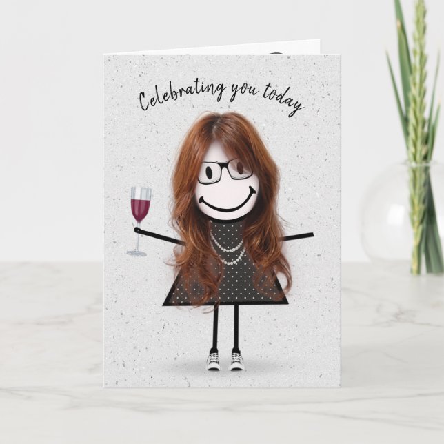 Carte Stick Figure Anniversaire fille avec vin rouge (Devant)