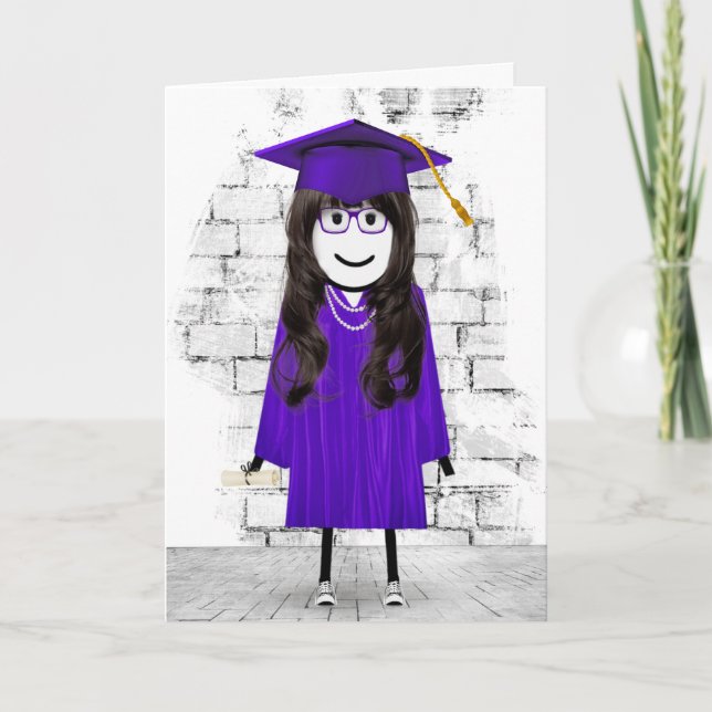 Carte Stick Girl Graduate avec cheveux et diplôme (Devant)