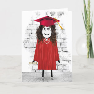 Carte Stick Girl Graduate avec cheveux et diplôme
