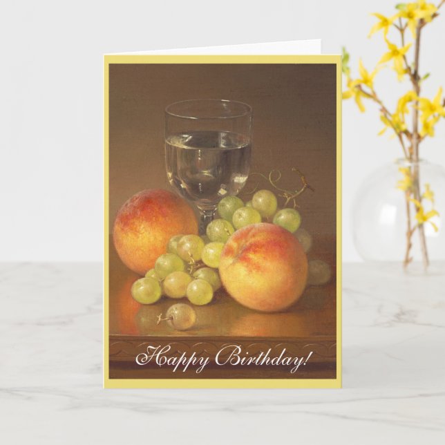 Carte Still Life, Wineglass, Deux pêches, Joyeux Anniver (Fleur jaune)