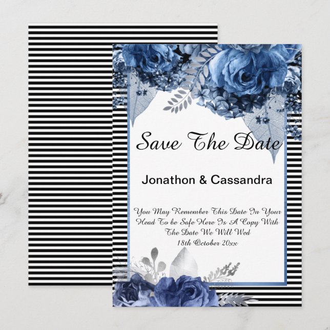CARTE STRIPÉ BLACK BLUE FLORAL BORDER ENREGISTRER LA DAT (Devant / Derrière)
