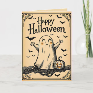 Carte Style vintage gravé halloween mignon fantôme