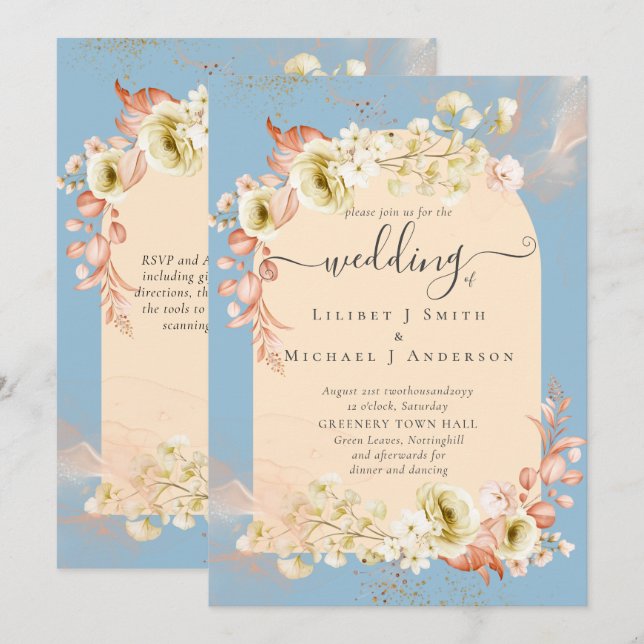 Carte Sublime Dusty Blue Peach Mariage (Devant / Derrière)