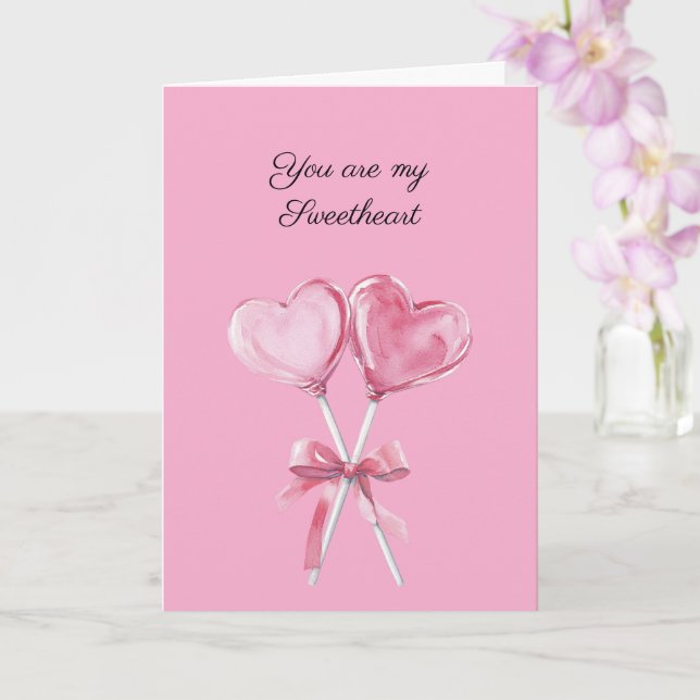 Carte Sucettes en forme de coeur rose avec amour et noeu (Orchidée)