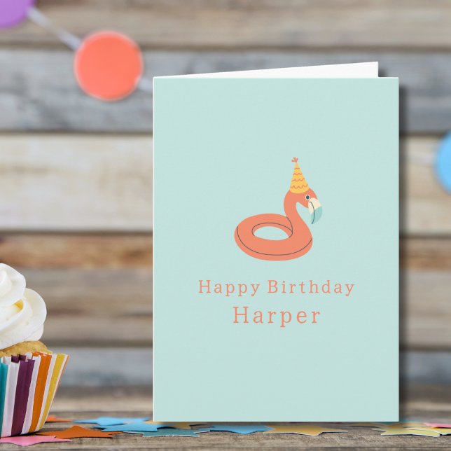 Carte summer flamingo float kids birthday pool party (flamingo birthday pool party personalized custom name birthday card)