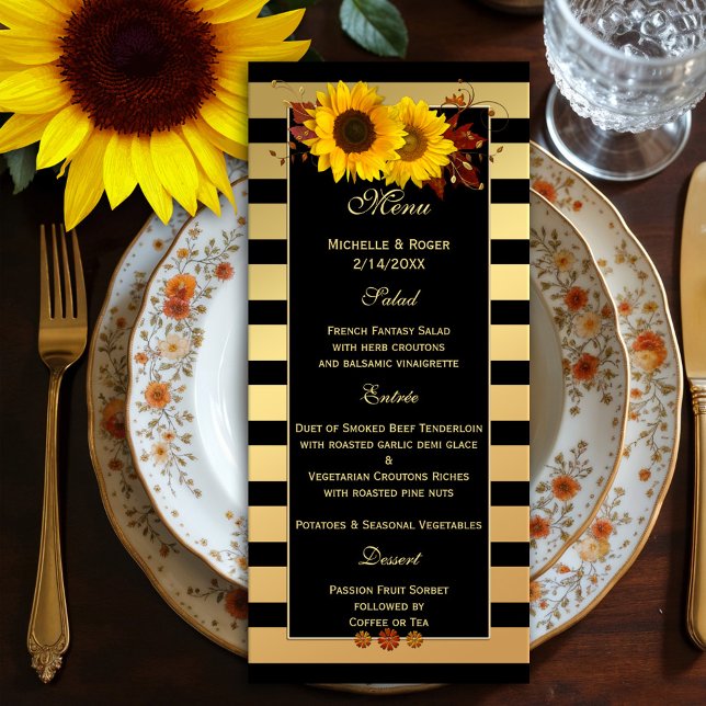 Carte Sunflower Gold Mariage ou Thanksgiving Menu  (Menu card featuring festive sunflowers with autumn leaves and rose gold floral swirls on chic gold)