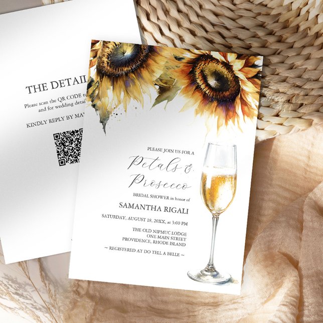 Carte Sunflower Petals & Prosecco Fête des mariées Code  (Petals and Prosecco bridal shower invitations with qr-code and sunflowers by Victoria Grigaliunas)