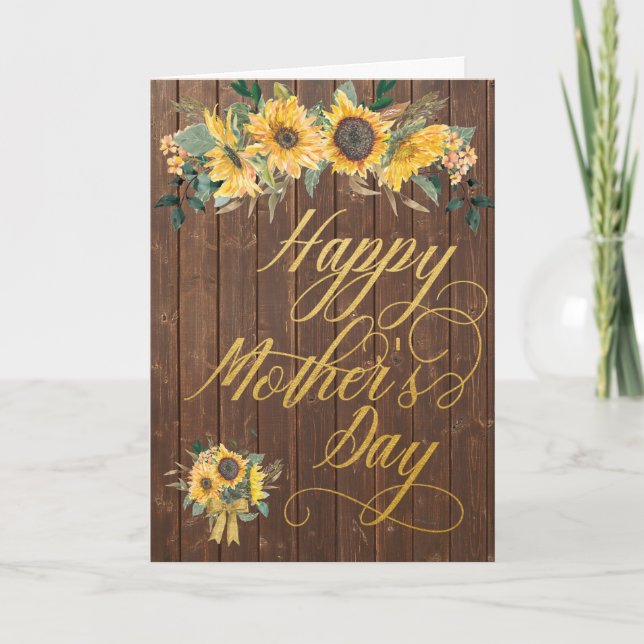 Carte Sunflower Rustic Wood Gold Script Fête des mères (Devant)