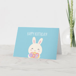 Carte Super Cute Kawaii Bunny & Fleurs Joyeux Anniversai