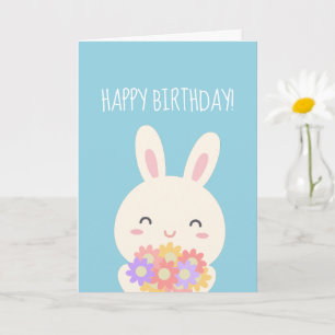 Carte Super Cute Kawaii Bunny & Fleurs Joyeux Anniversai