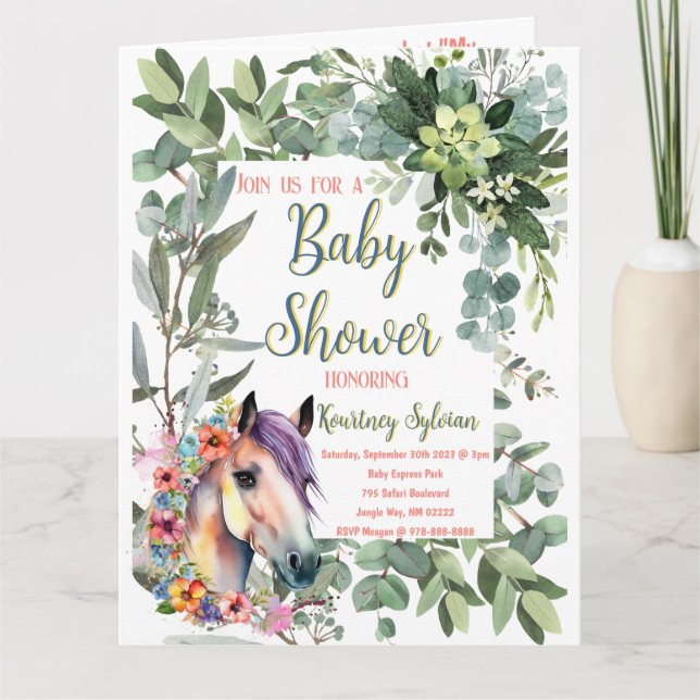 Carte Superbe aquarelle Floral Horse Baby shower (Devant)