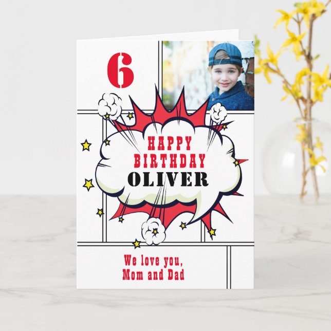 Carte Superhero Comic Boy Fun Photo Anniversaire (Fleur jaune)