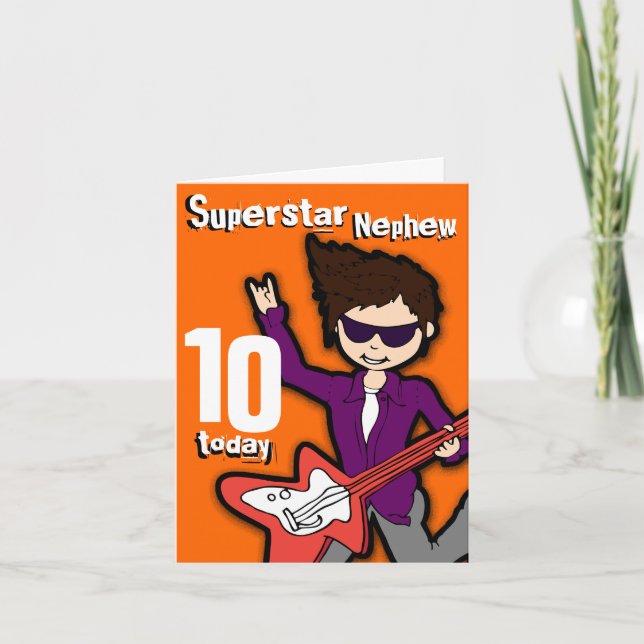 Carte Superstar Nephew 10e anniversaire orange rouge car (Devant)
