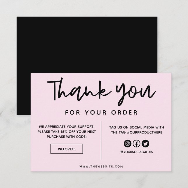 Carte Support en Merci noir et rose (Devant / Derrière)