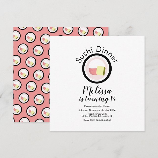 Carte Sushi Roll Saumon Ado Anniversaire Restaurant Part (Devant / Derrière)