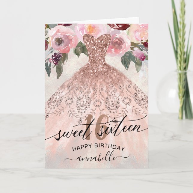 Carte Sweet 16 Anniversaire Floral Rose Gold Gown (Devant)