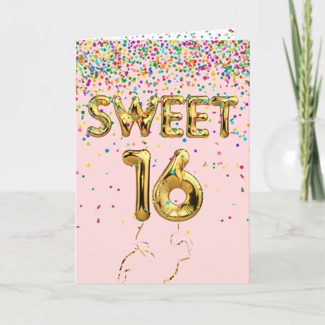 Carte Sweet 16 Ballons et Confetti sur Blush (Devant)