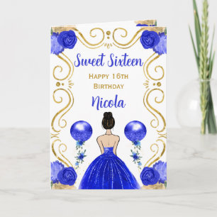 Carte Sweet 16 cheveux Brown Princesse Bleu Joyeux anniv
