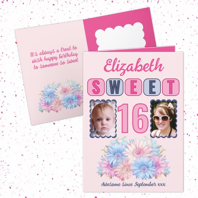Carte Sweet 16 nom d'anniversaire 2 photo floral rose (Créateur téléchargé)