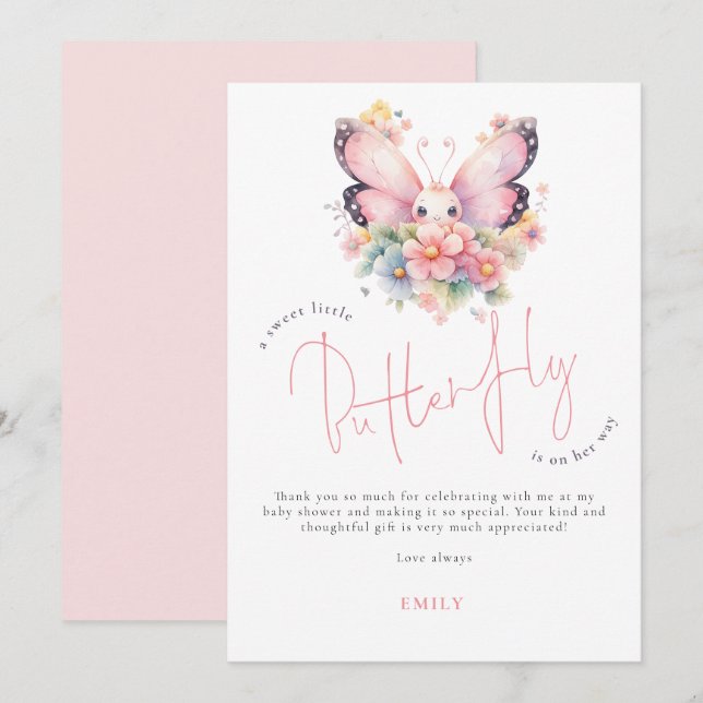 Carte Sweet Butterfly est en route Baby shower Merci (Devant / Derrière)