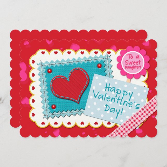 Carte Sweet Daughter Valentine Patchwork Coeur Style (Devant / Derrière)