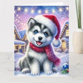 Carte Sweet Husky Puppy dans le village de Noël
