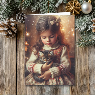 Carte Sweet Little Girl and Kitten Christmas