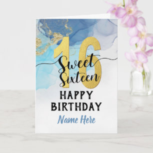 Carte sweet sixteen 16 Anniversaire Aquarelle Bleu et or