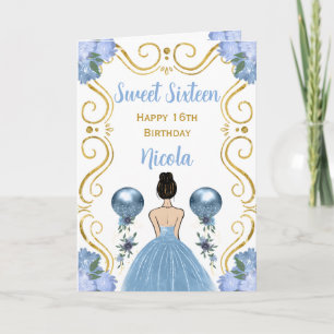 Carte Sweet sixteen Brown Cheveux Princesse Bleu Anniver