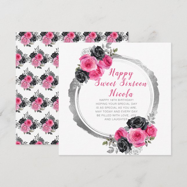 Carte Sweet sixteen de Fleurs Élégantes Rose et Argent C (Devant / Derrière)