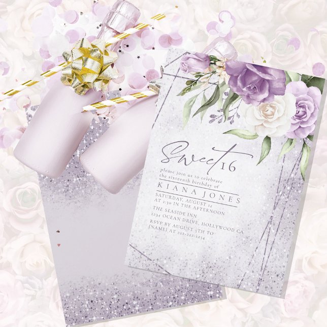 Carte Sweet sixteen floral étincelantes Mauve ID912 (Créateur téléchargé)
