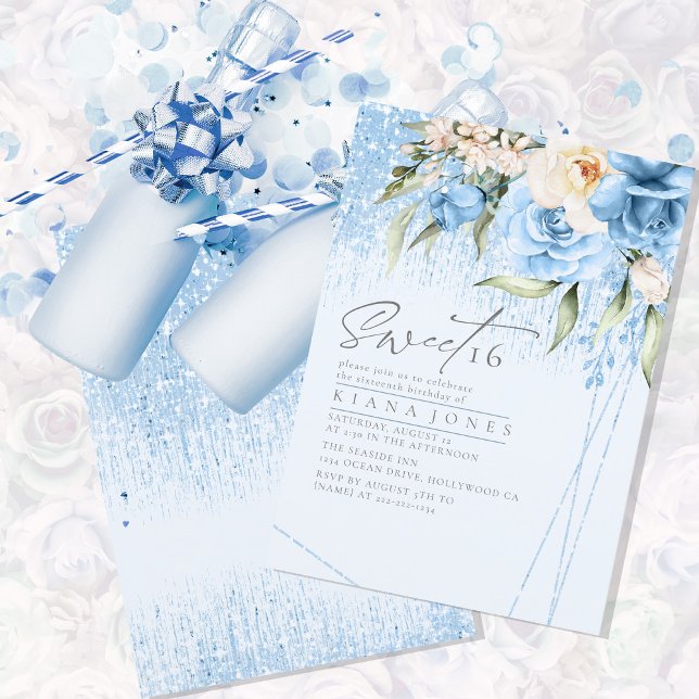 Carte Sweet sixteen floral étincelants bleu ID912 (Créateur téléchargé)