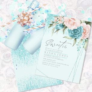 Carte Sweet sixteen Floral Sparkles ID Turquoise912