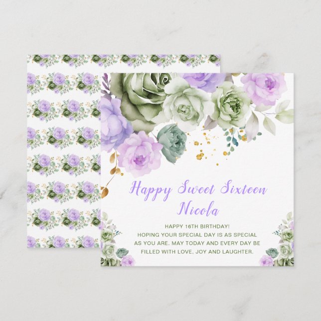Carte Sweet sixteen floral vert Sage et violet (Devant / Derrière)