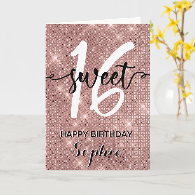 Carte Sweet sixteen Joyeux Anniversaire Rose Gold Chic (Fleur jaune)