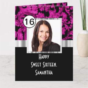 Carte Sweet sixteen magenta et noir damassé