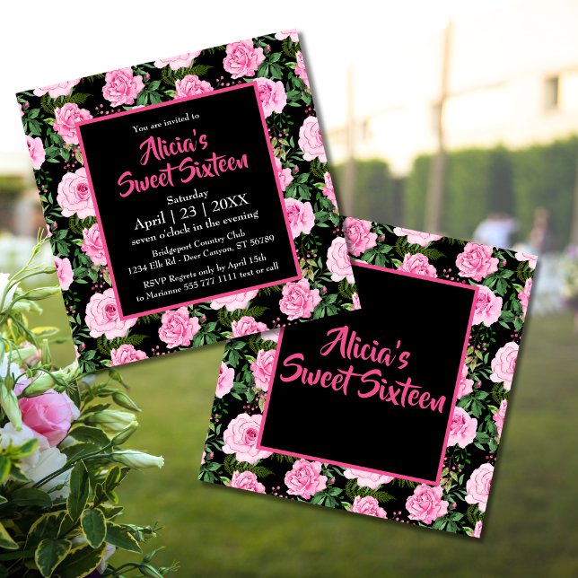Carte Sweet sixteen moderne de roses roses noires (Créateur téléchargé)
