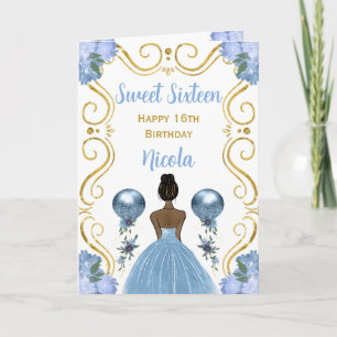 Carte Sweet sixteen Peau foncée Princesse Bleu Anniversa
